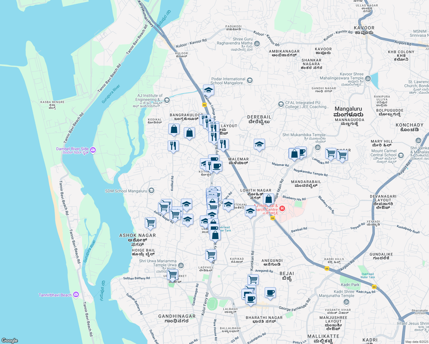 map of restaurants, bars, coffee shops, grocery stores, and more near Kulur Ferry Road in Mangaluru