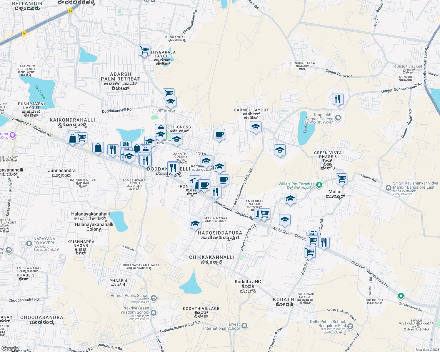 map of restaurants, bars, coffee shops, grocery stores, and more near in Bengaluru