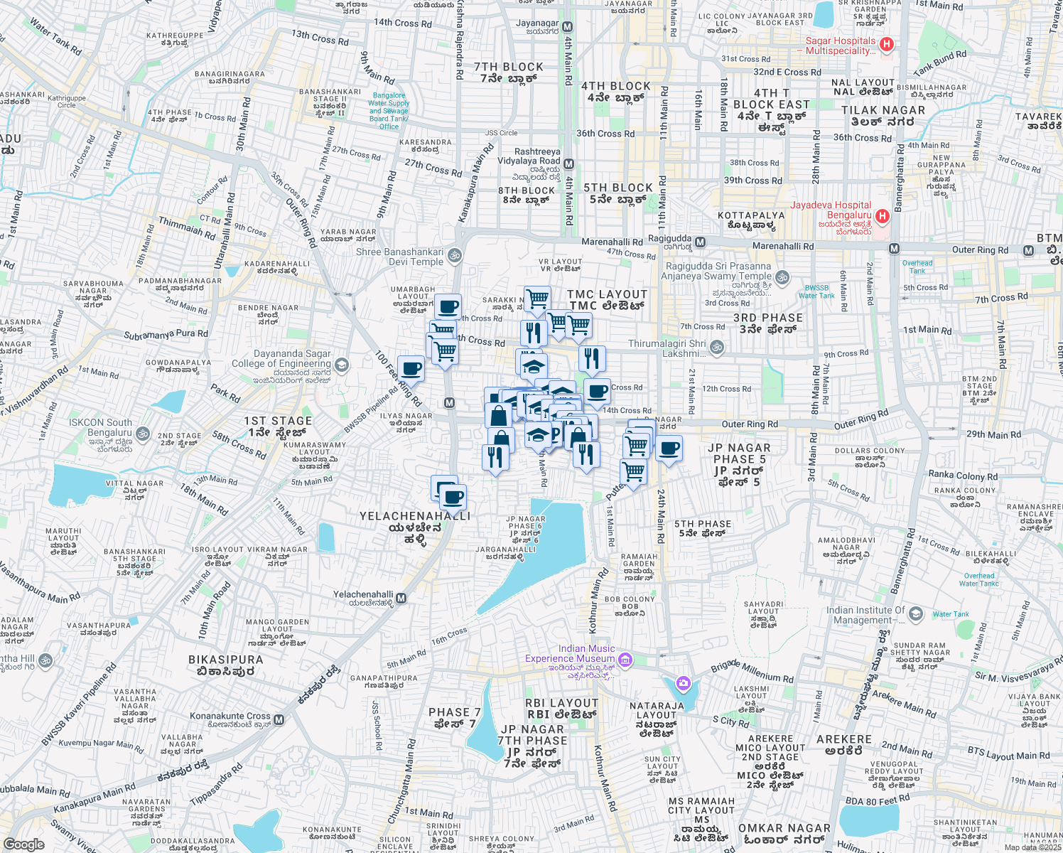 map of restaurants, bars, coffee shops, grocery stores, and more near 600 Outer Ring Road in Bengaluru