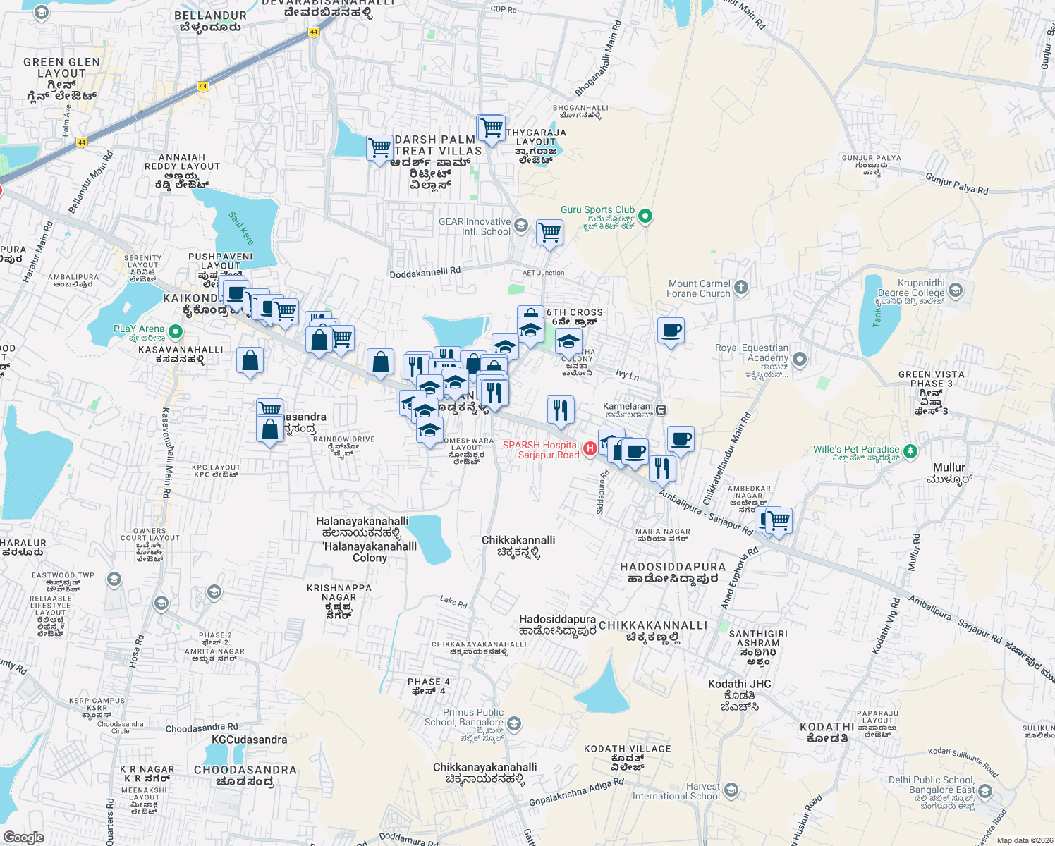 map of restaurants, bars, coffee shops, grocery stores, and more near Sarjapur - Marathahalli Road in Bengaluru