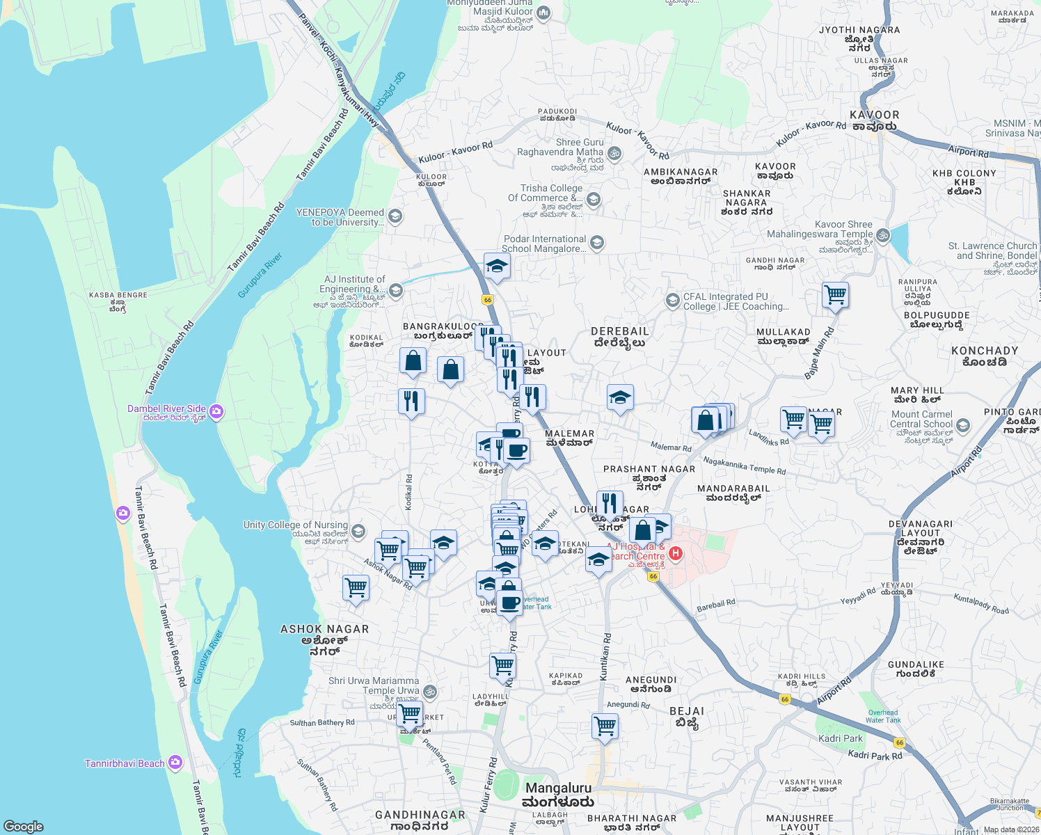 map of restaurants, bars, coffee shops, grocery stores, and more near Kulur Ferry Road in Mangaluru