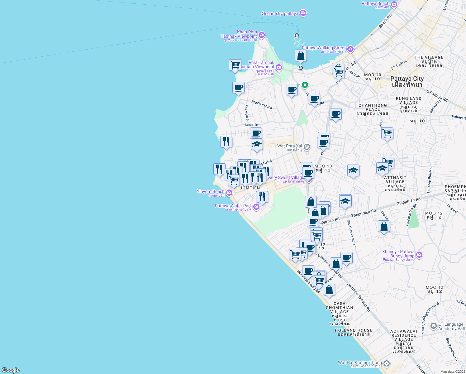 map of restaurants, bars, coffee shops, grocery stores, and more near 352 Phra Tam Nak 5 in Muang Pattaya