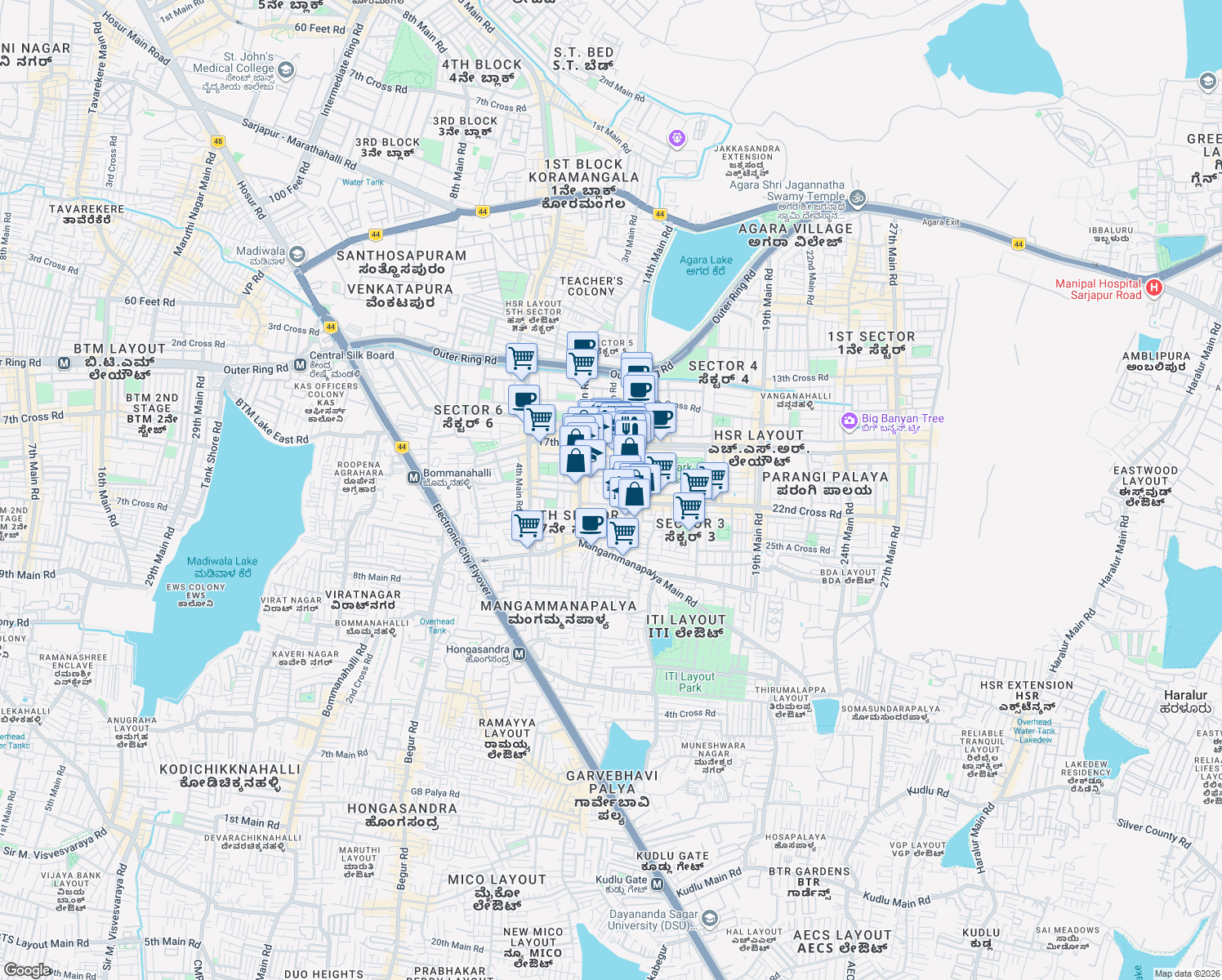map of restaurants, bars, coffee shops, grocery stores, and more near 267 21st Cross Road in Bengaluru