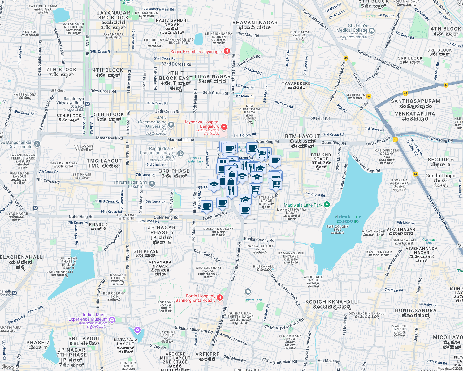 map of restaurants, bars, coffee shops, grocery stores, and more near Bannerghatta Road in Bangalore Division