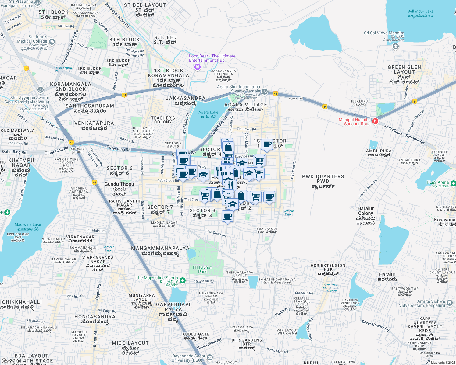 map of restaurants, bars, coffee shops, grocery stores, and more near in Bengaluru