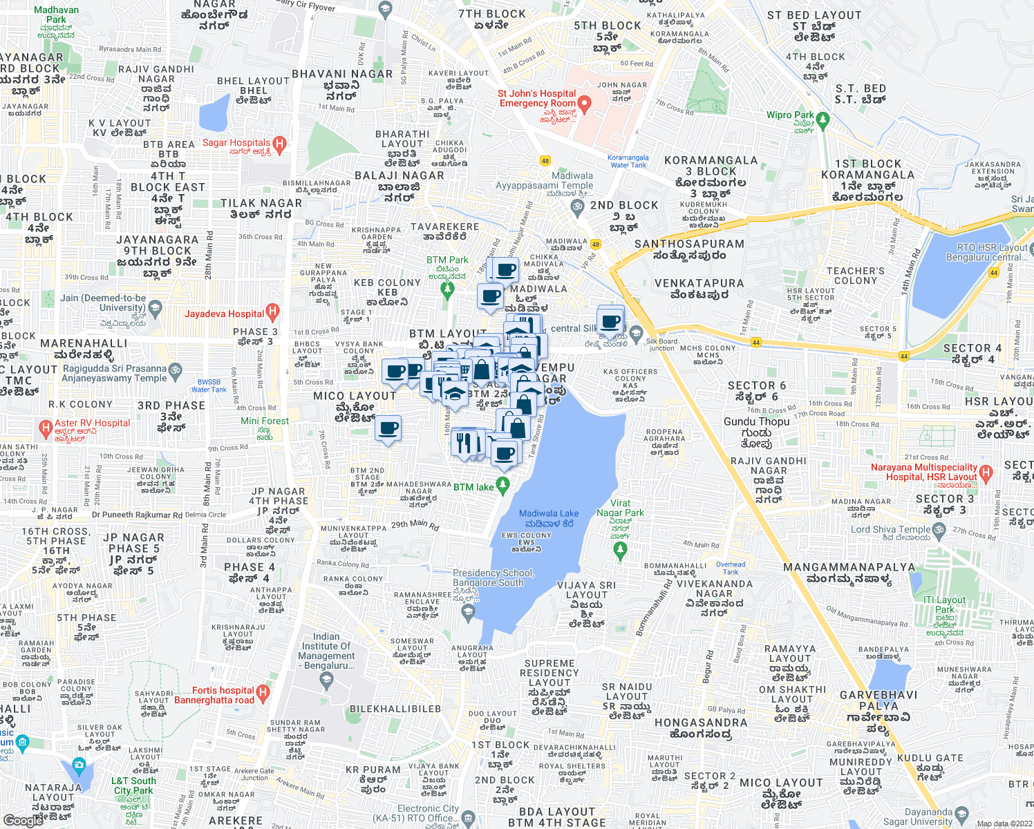 map of restaurants, bars, coffee shops, grocery stores, and more near 28th Main Road in Bengaluru