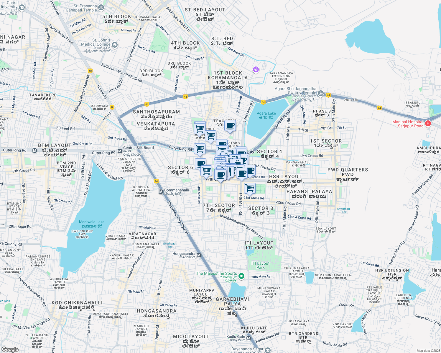 map of restaurants, bars, coffee shops, grocery stores, and more near 235 9th Main Road in Bengaluru