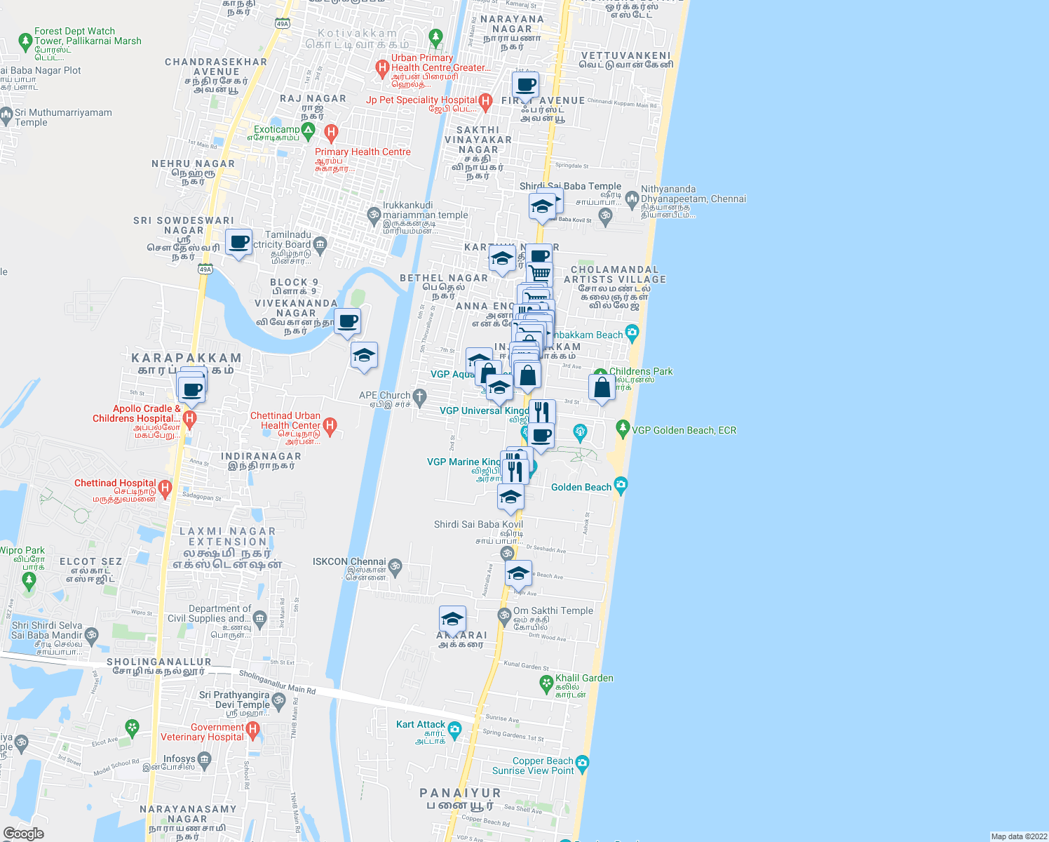 map of restaurants, bars, coffee shops, grocery stores, and more near State Highway 49 in Chennai