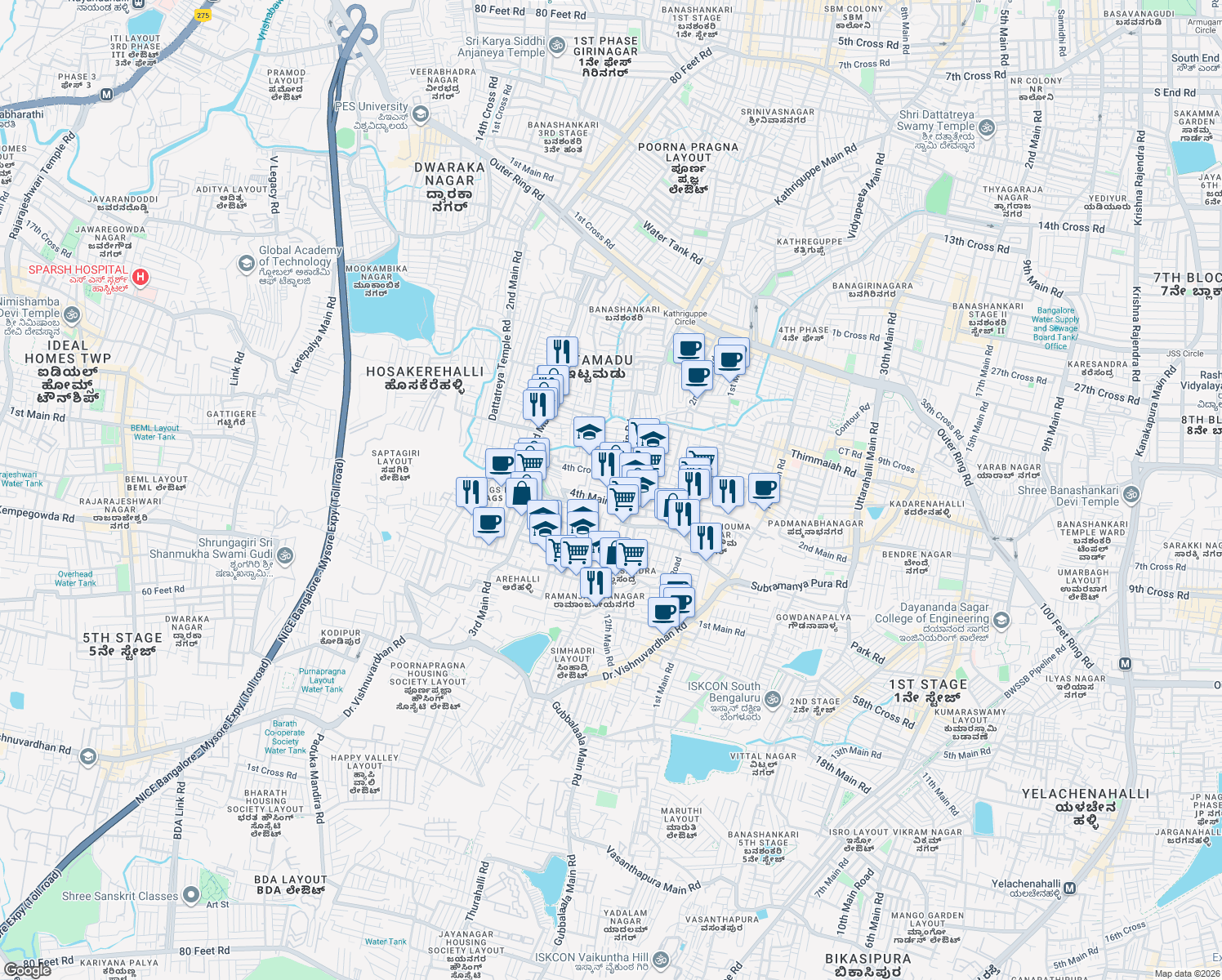 map of restaurants, bars, coffee shops, grocery stores, and more near 1st Main Road in Bengaluru