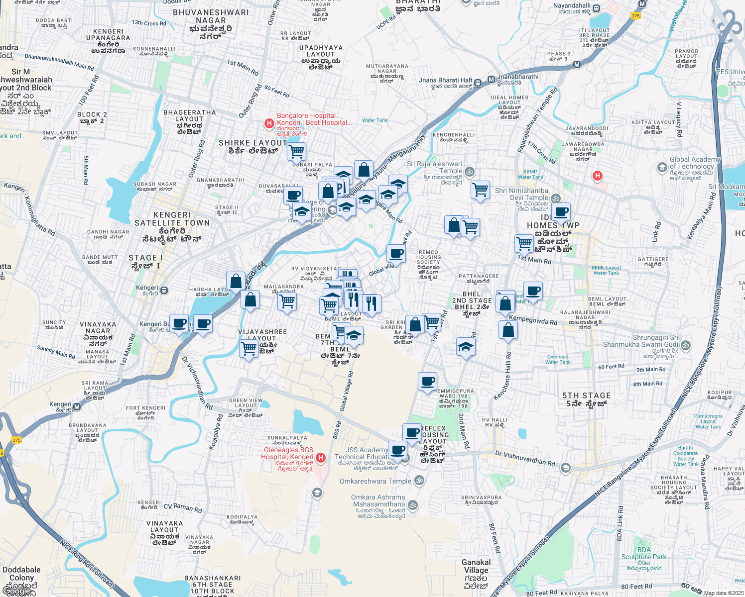 map of restaurants, bars, coffee shops, grocery stores, and more near Mysore Road in Bengaluru