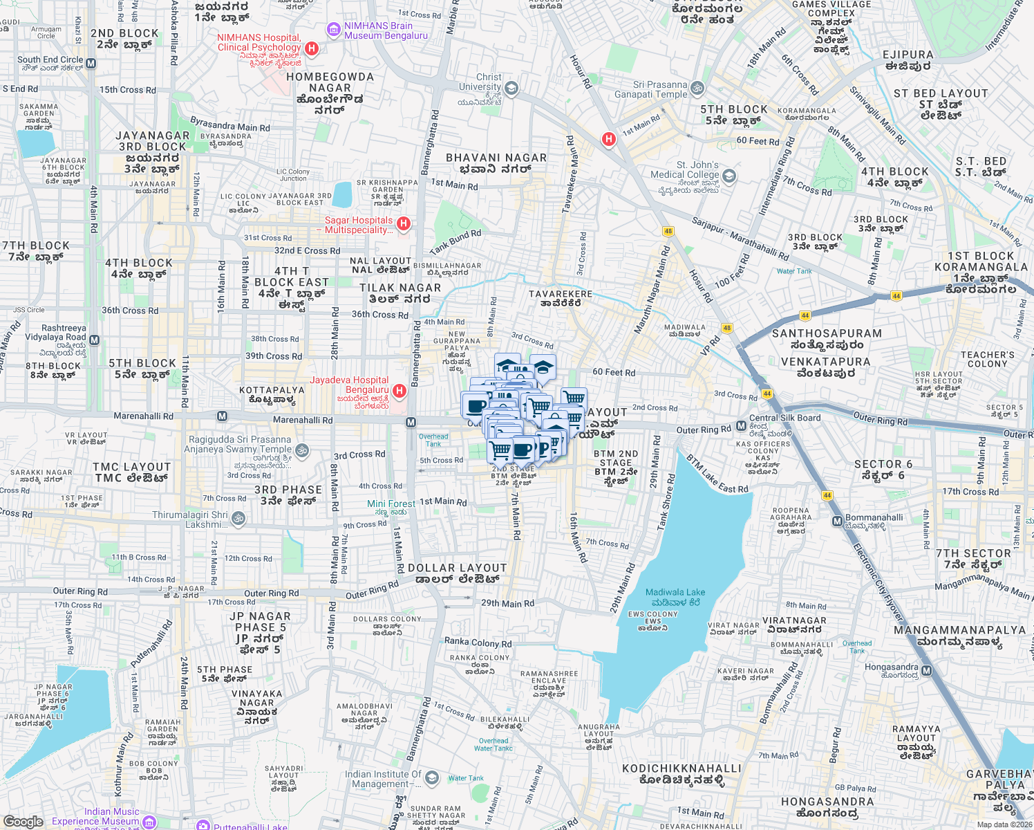 map of restaurants, bars, coffee shops, grocery stores, and more near 20th Main Road in Bengaluru