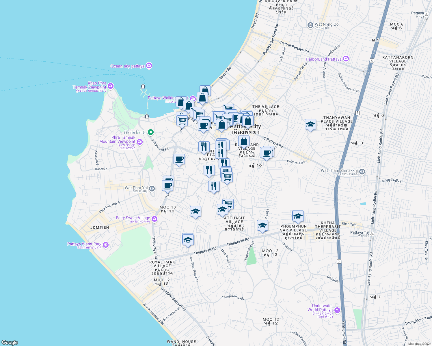 map of restaurants, bars, coffee shops, grocery stores, and more near Bon Kai 1 in Muang Pattaya