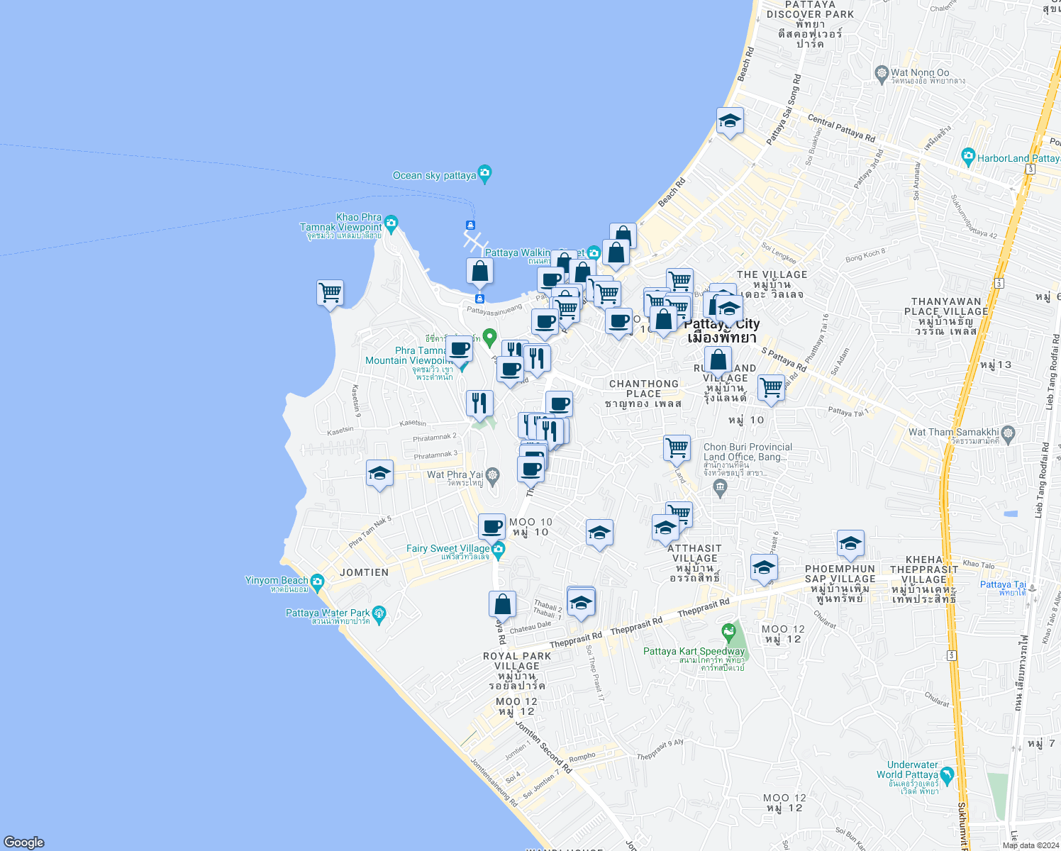 map of restaurants, bars, coffee shops, grocery stores, and more near 20 Thapphraya 4 Alley in Muang Pattaya