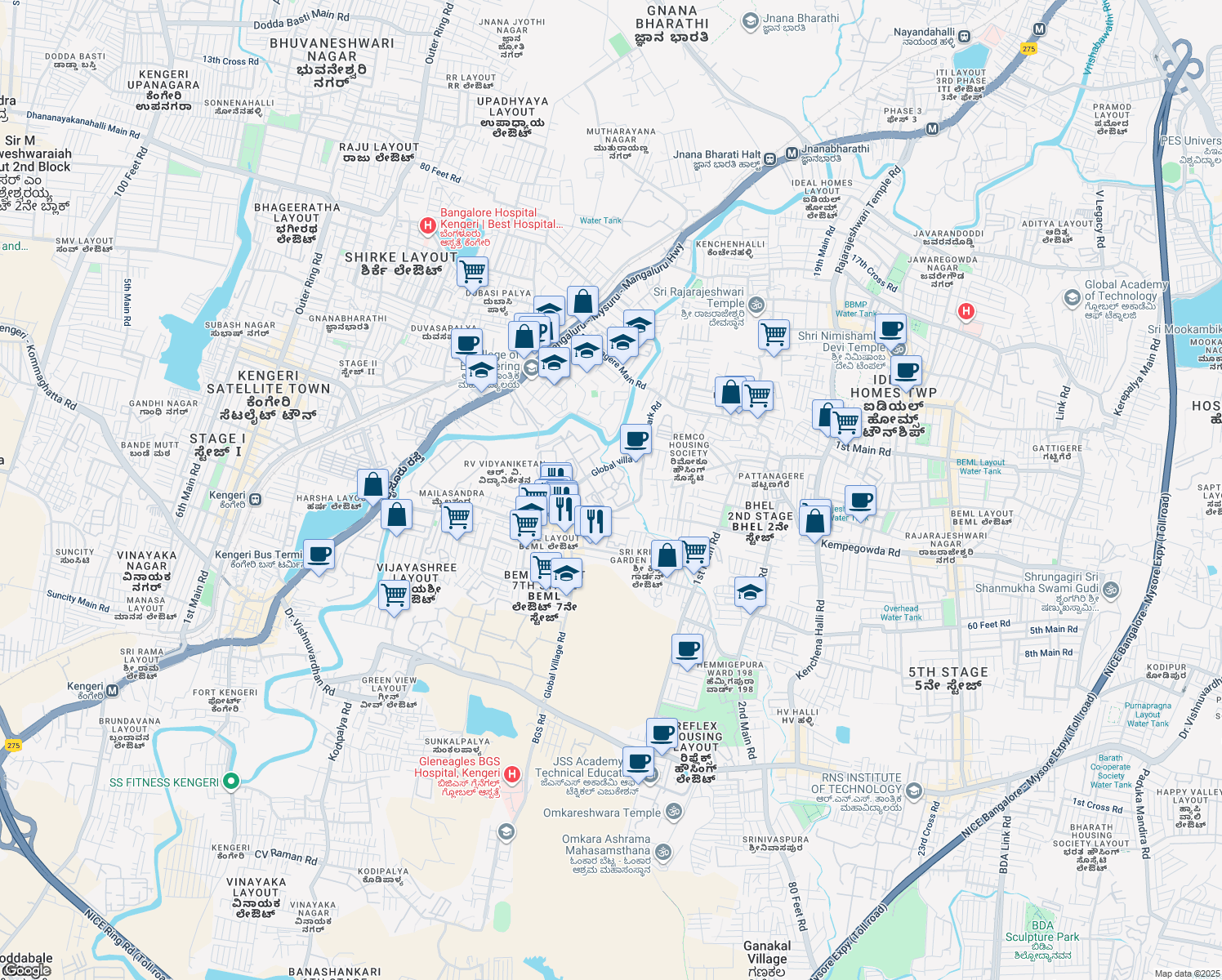 map of restaurants, bars, coffee shops, grocery stores, and more near Mysore Road in Bengaluru