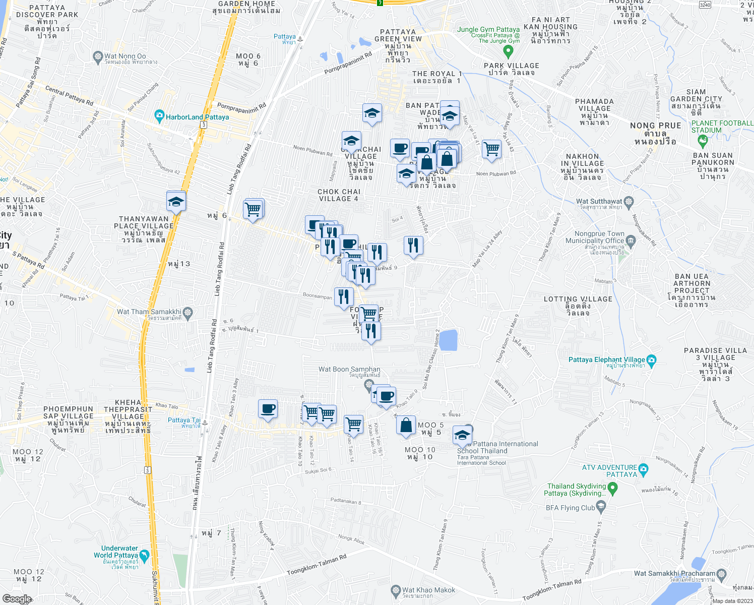 map of restaurants, bars, coffee shops, grocery stores, and more near Soi Mu Ban Orchid Villa in Muang Pattaya