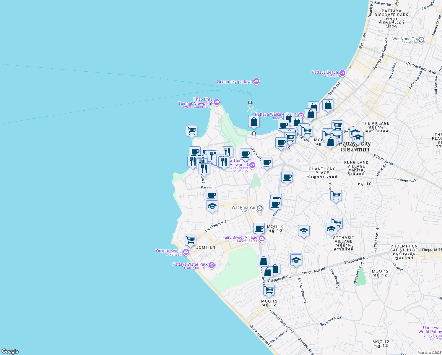 map of restaurants, bars, coffee shops, grocery stores, and more near Soi Kasetsin 3 in Muang Pattaya