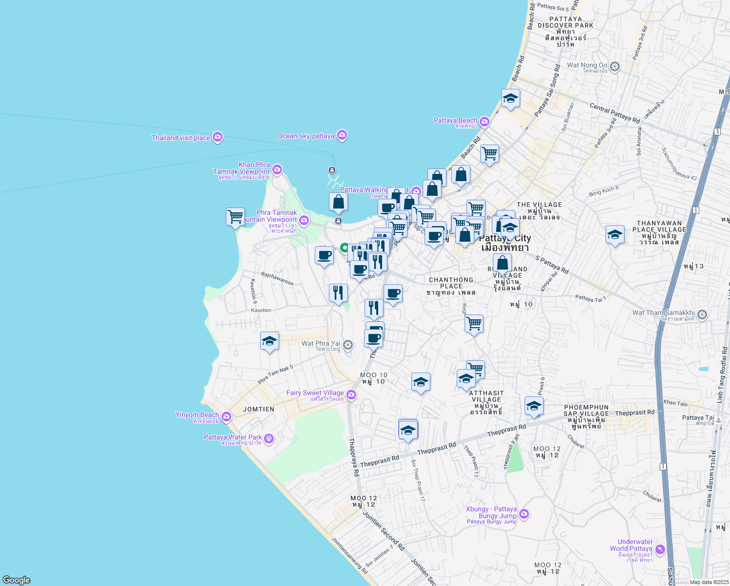map of restaurants, bars, coffee shops, grocery stores, and more near 163 Phra Tamnak in ตำบล หนองปรือ