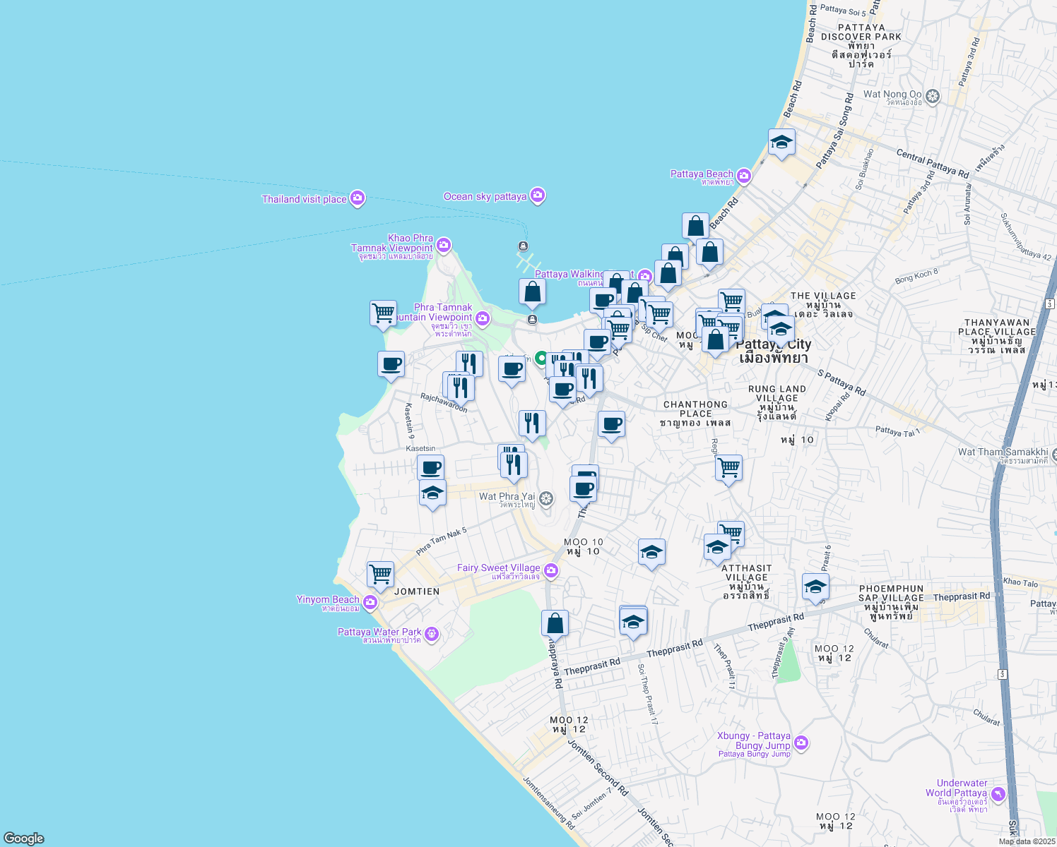 map of restaurants, bars, coffee shops, grocery stores, and more near Thanon Pattaya Tai in Muang Pattaya
