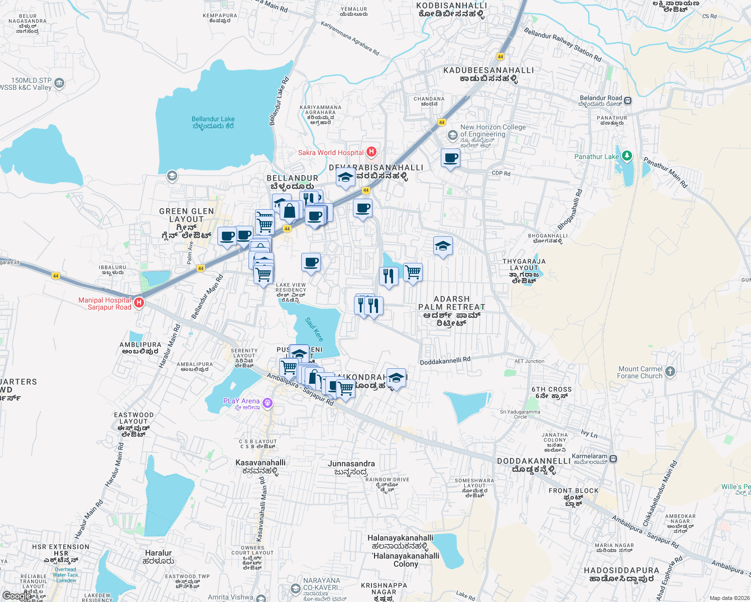 map of restaurants, bars, coffee shops, grocery stores, and more near RMZ Ecoworld Road in Bengaluru