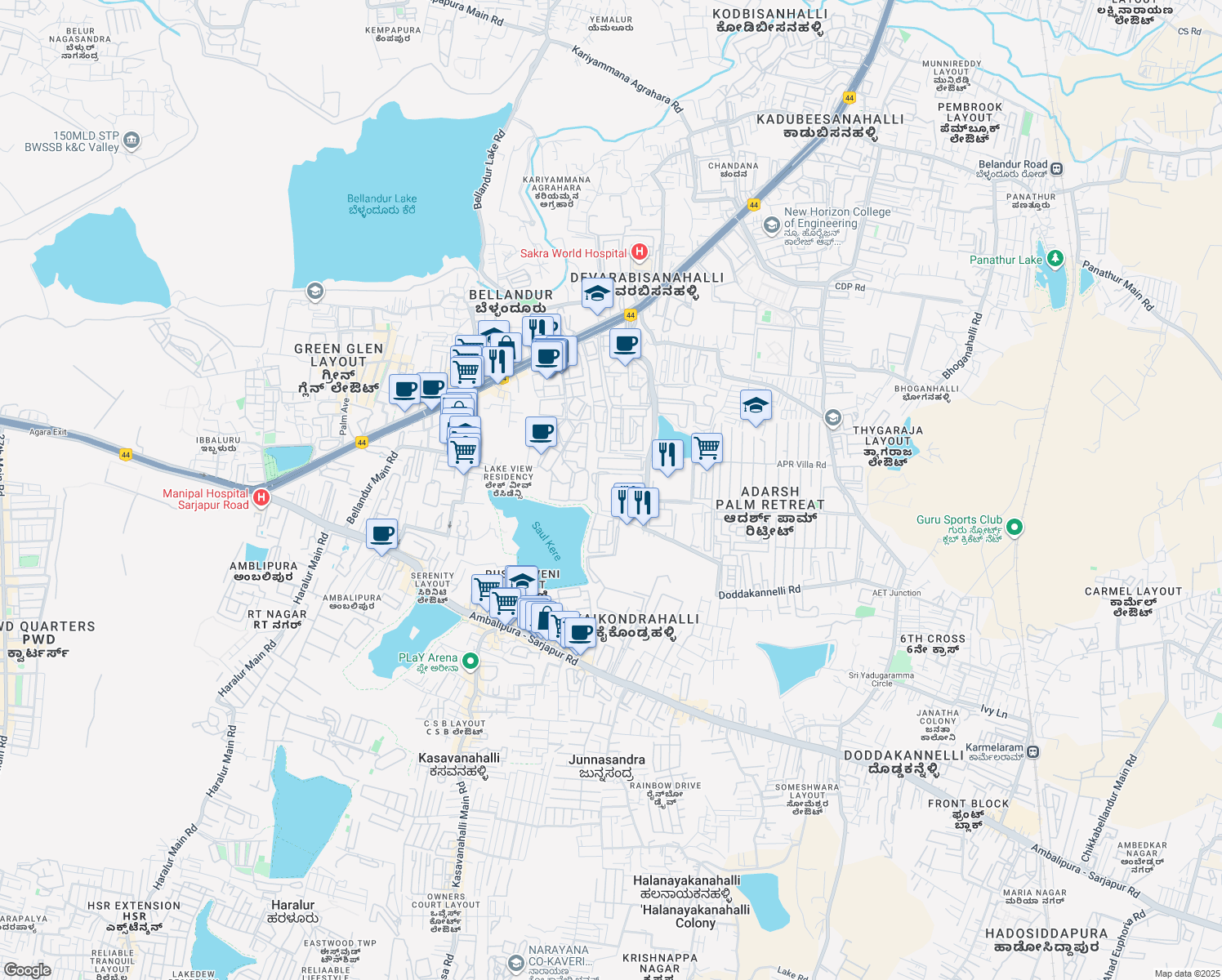 map of restaurants, bars, coffee shops, grocery stores, and more near Outer Ring Road in Bengaluru
