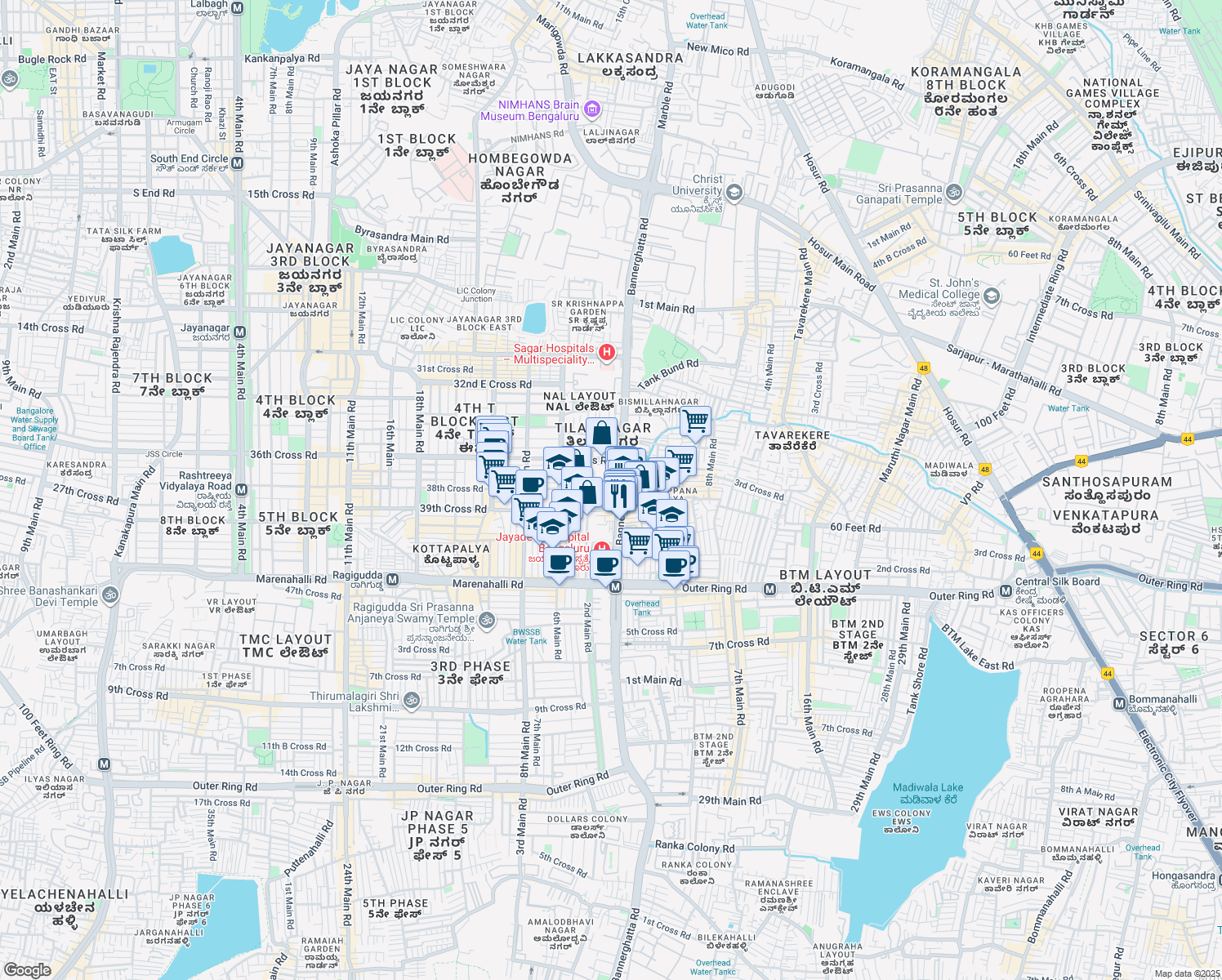map of restaurants, bars, coffee shops, grocery stores, and more near in Bengaluru