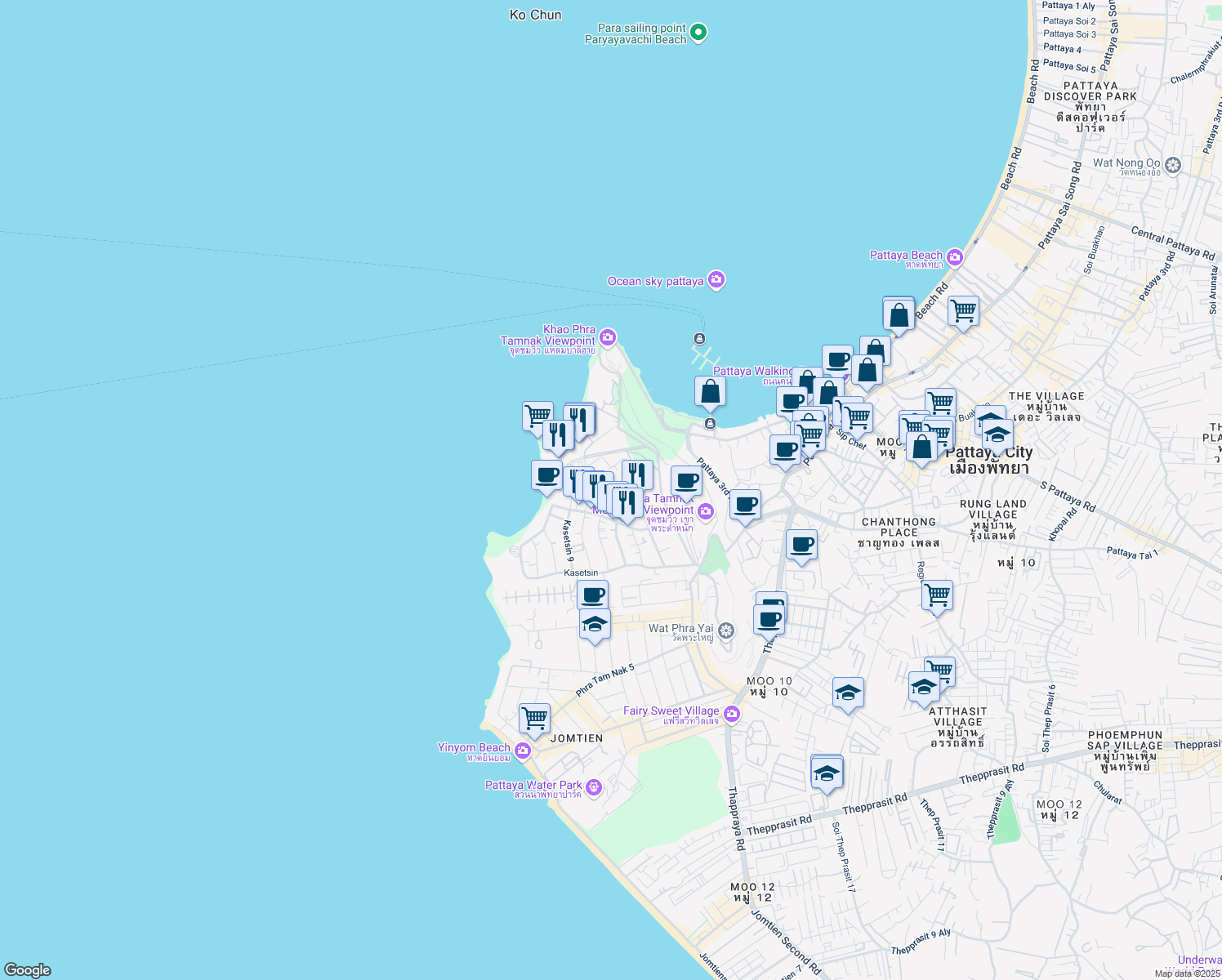 map of restaurants, bars, coffee shops, grocery stores, and more near Kasetsin 2 Alley in Muang Pattaya
