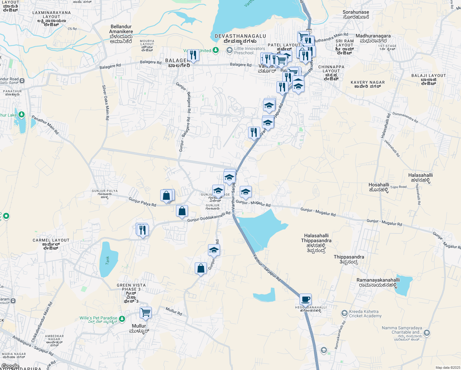 map of restaurants, bars, coffee shops, grocery stores, and more near Gunjur Palya Road in Bangalore