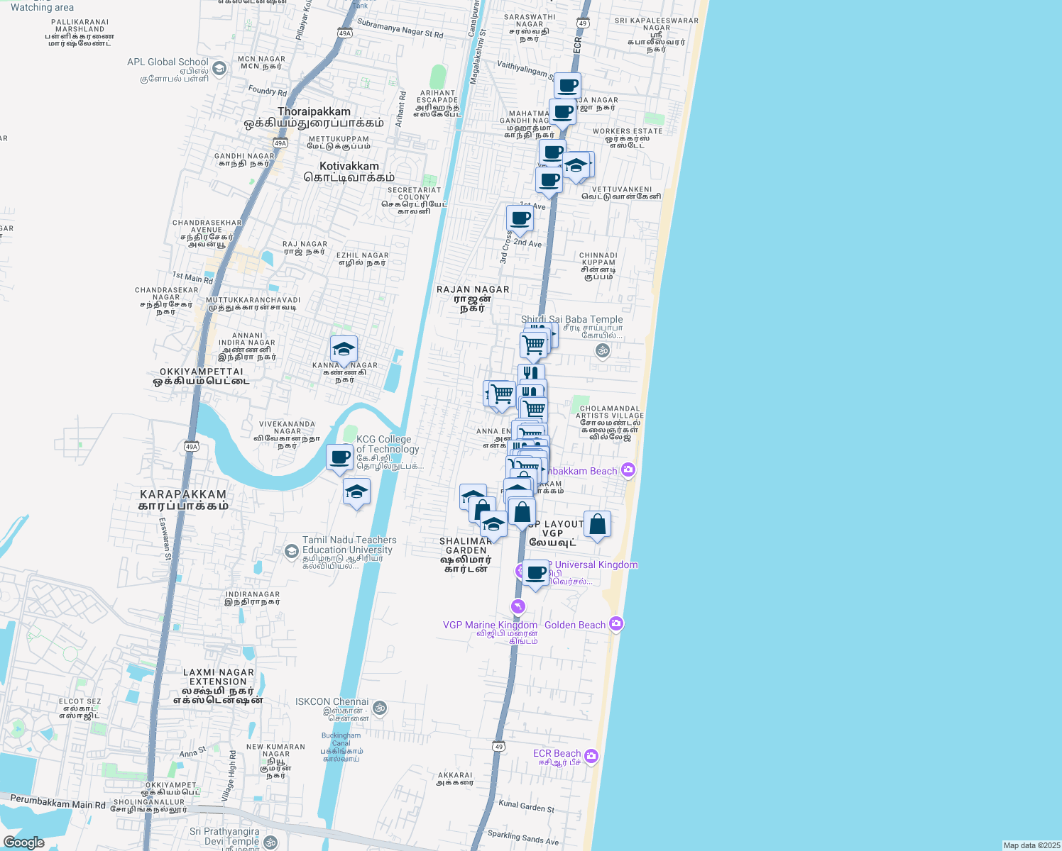 map of restaurants, bars, coffee shops, grocery stores, and more near State Highway 49 in Chennai