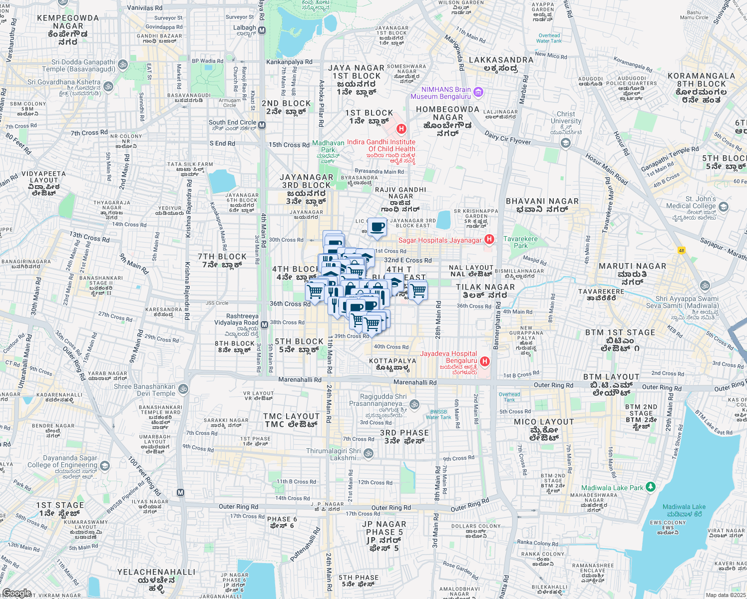 map of restaurants, bars, coffee shops, grocery stores, and more near 461 18th Main Road in Bengaluru