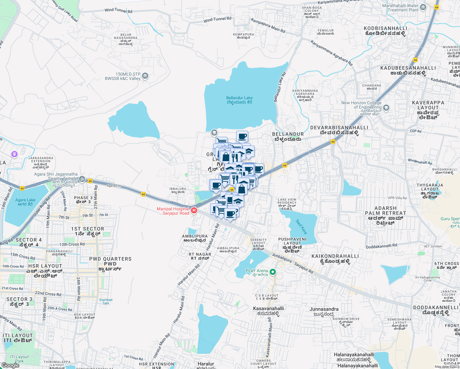 map of restaurants, bars, coffee shops, grocery stores, and more near in Bengaluru