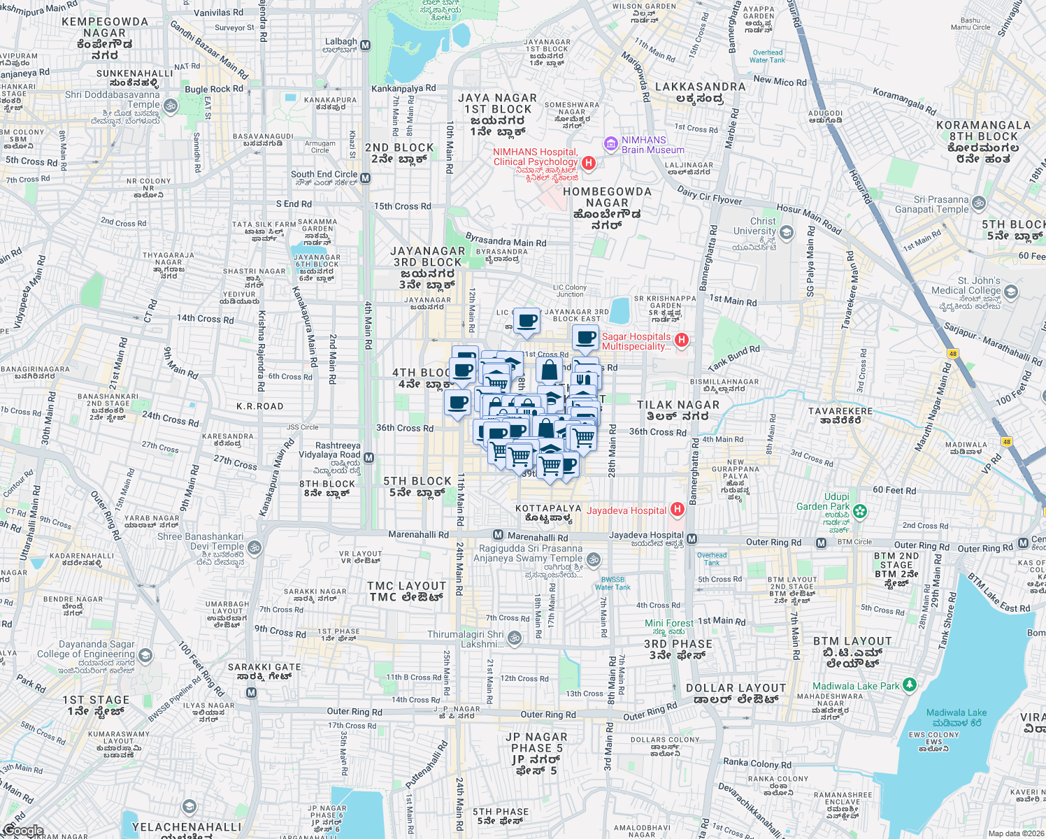 map of restaurants, bars, coffee shops, grocery stores, and more near 461 18th Main Road in Bengaluru