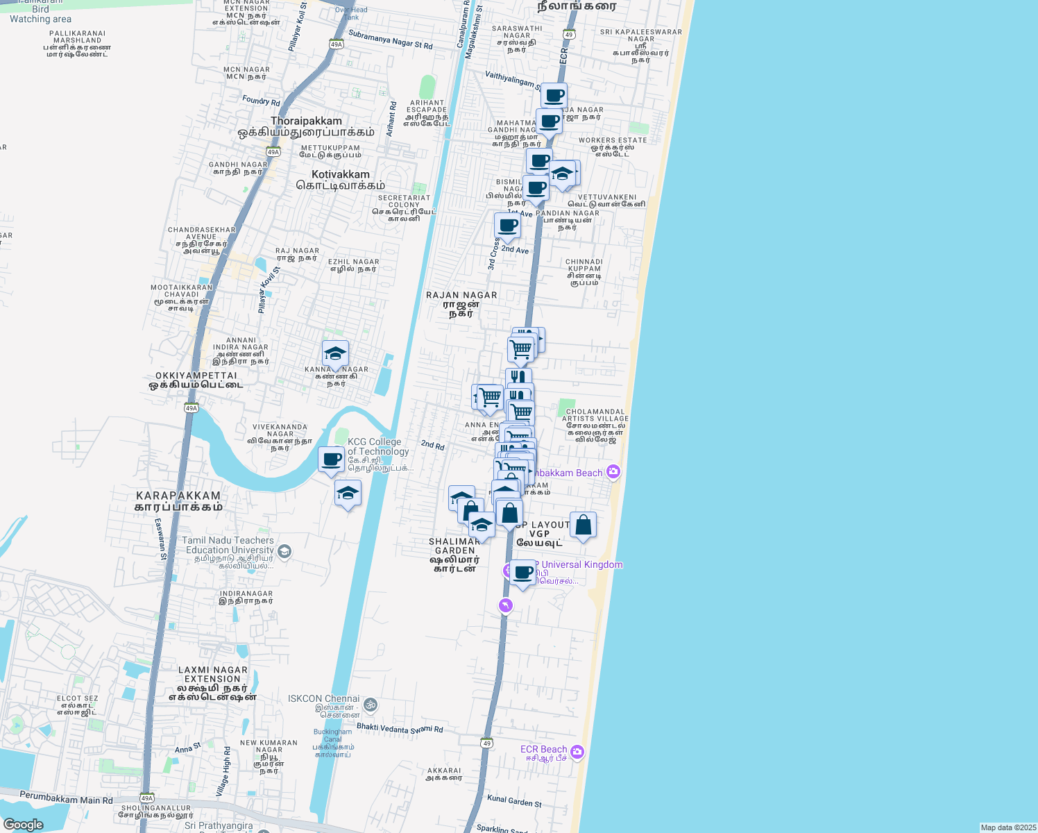 map of restaurants, bars, coffee shops, grocery stores, and more near State Highway 49 in Chennai