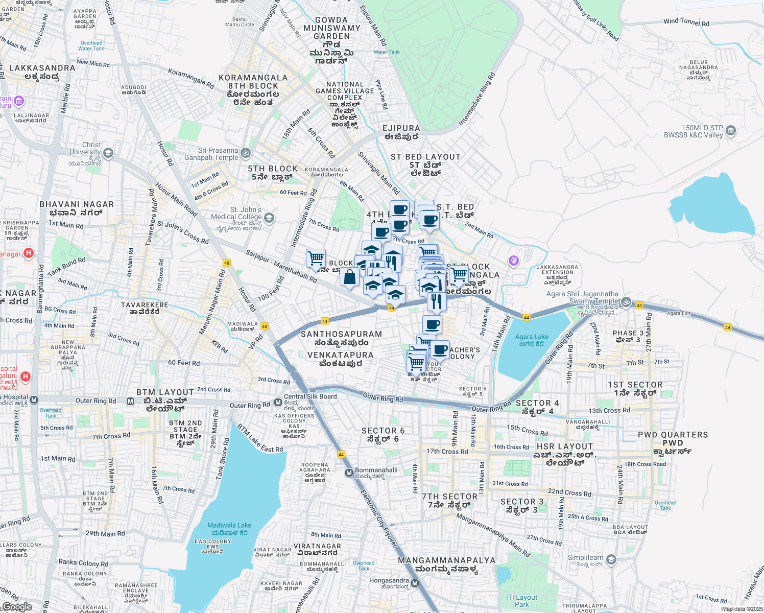 map of restaurants, bars, coffee shops, grocery stores, and more near Sarjapur - Marathahalli Road in Bengaluru