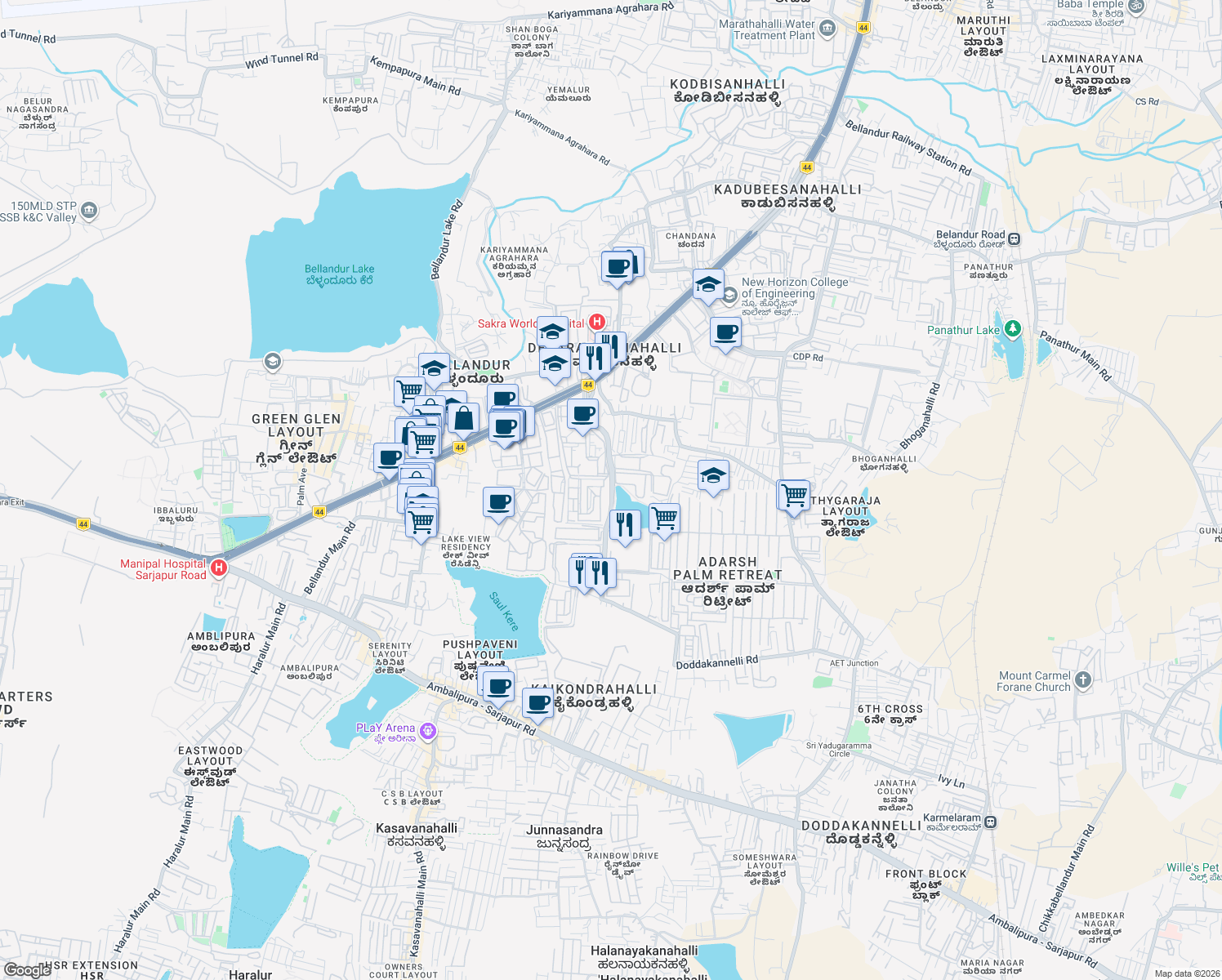 map of restaurants, bars, coffee shops, grocery stores, and more near RMZ Ecoworld Road in Bengaluru