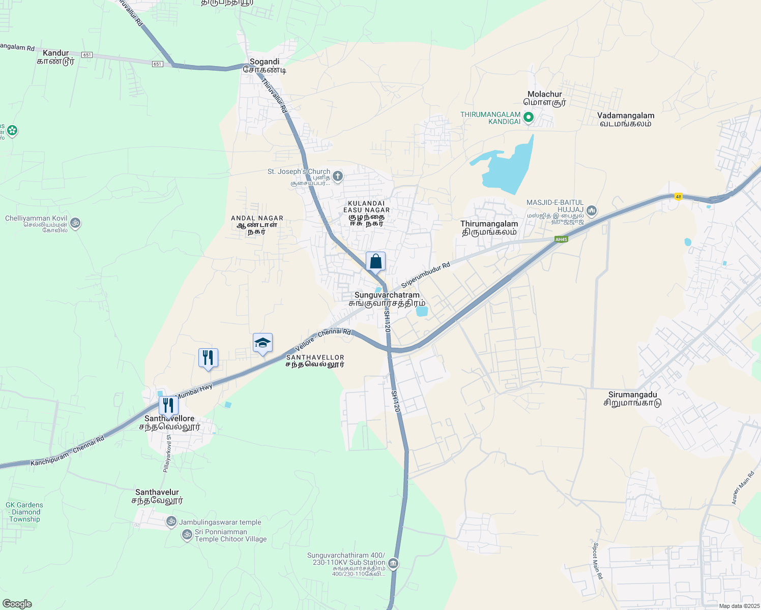 map of restaurants, bars, coffee shops, grocery stores, and more near SH 120 in Thirumangalam