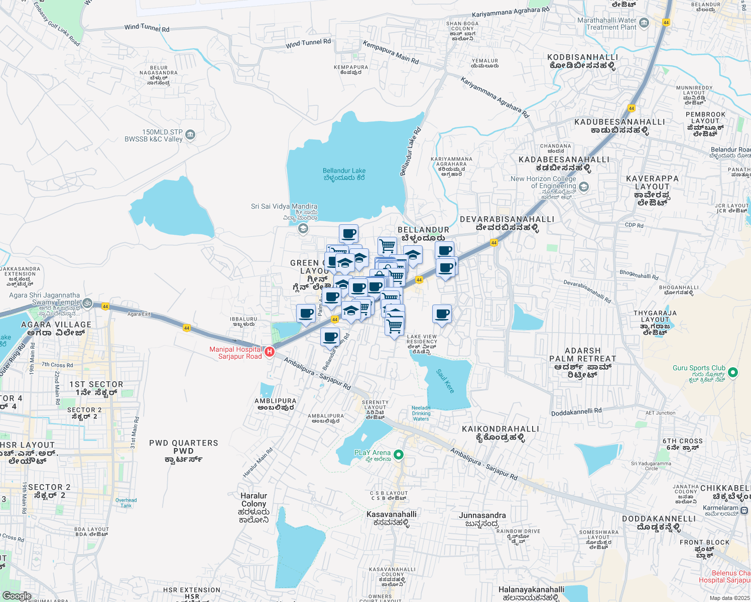 map of restaurants, bars, coffee shops, grocery stores, and more near 23 Marathahalli - Sarjapur Outer Ring Road in Bengaluru