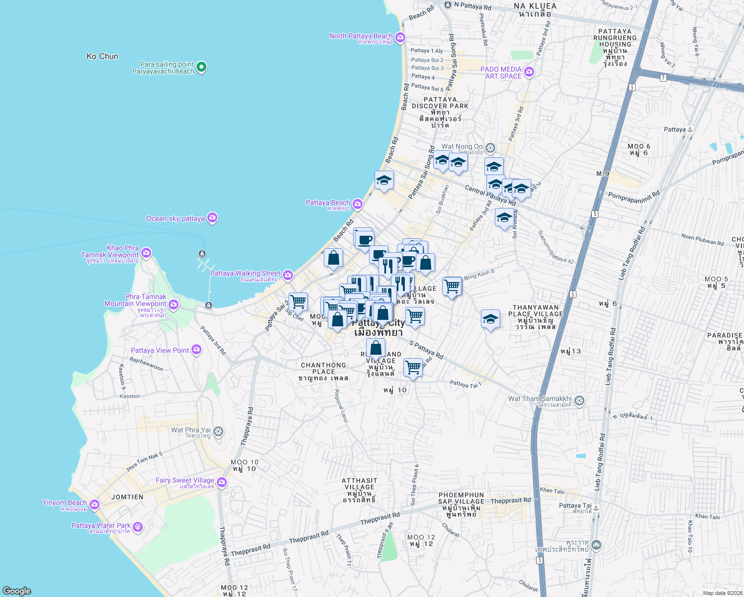 map of restaurants, bars, coffee shops, grocery stores, and more near 316/142 Soi Buakhao in Muang Pattaya