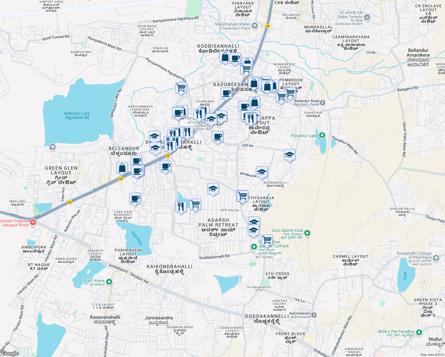 map of restaurants, bars, coffee shops, grocery stores, and more near 582 Embassy Tech Village Road in Bengaluru