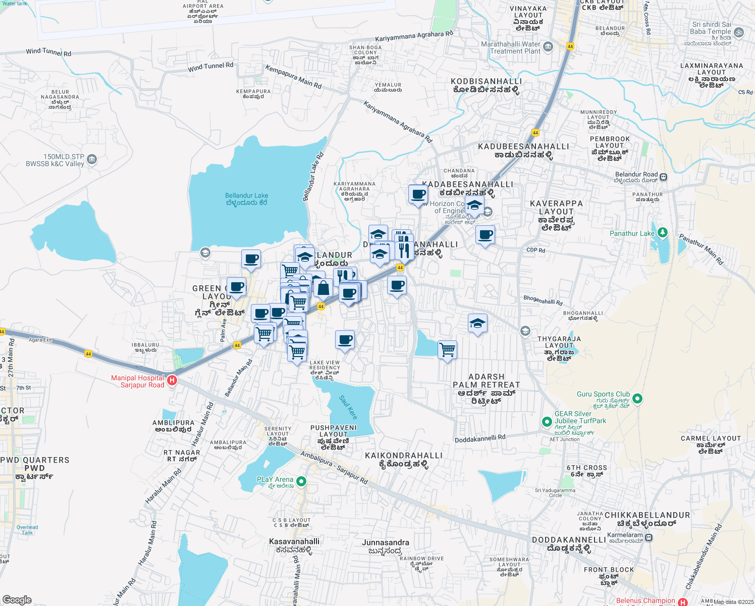 map of restaurants, bars, coffee shops, grocery stores, and more near Marathahalli - Sarjapur Outer Ring Road in Varthur