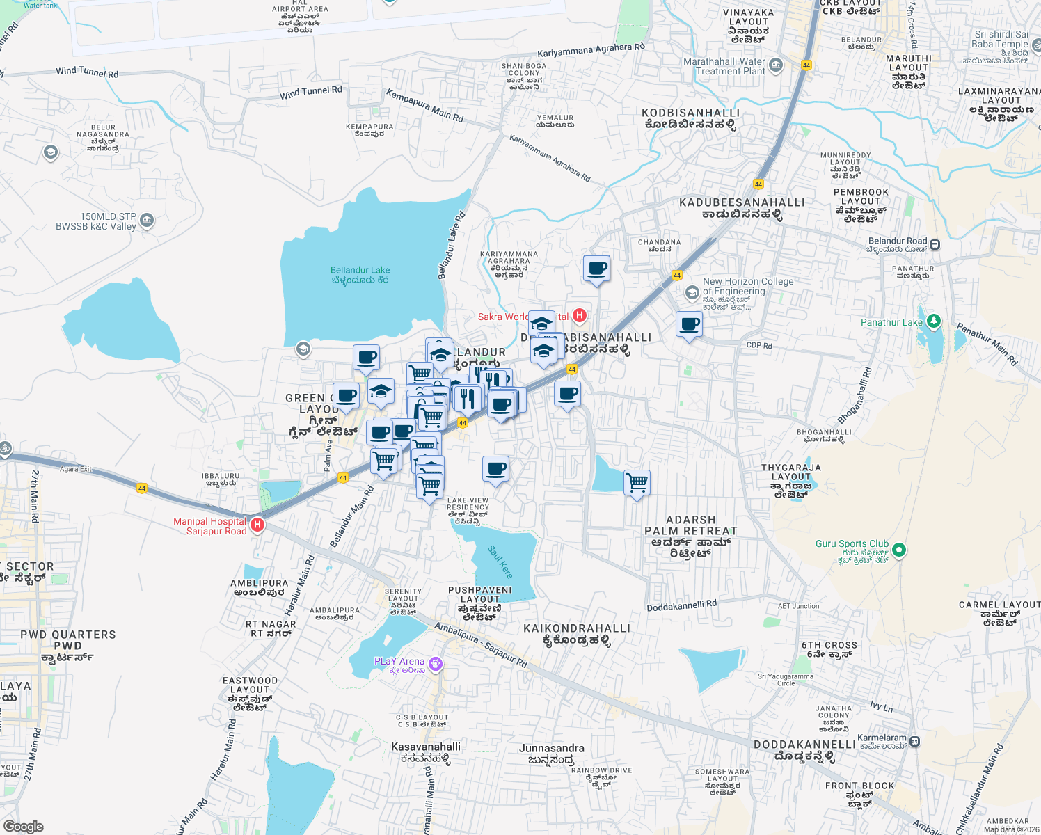 map of restaurants, bars, coffee shops, grocery stores, and more near Village in Bengaluru