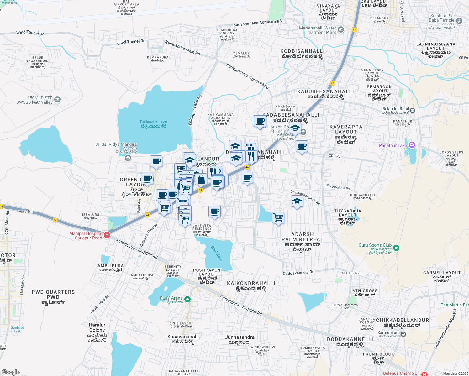 map of restaurants, bars, coffee shops, grocery stores, and more near in Bengaluru