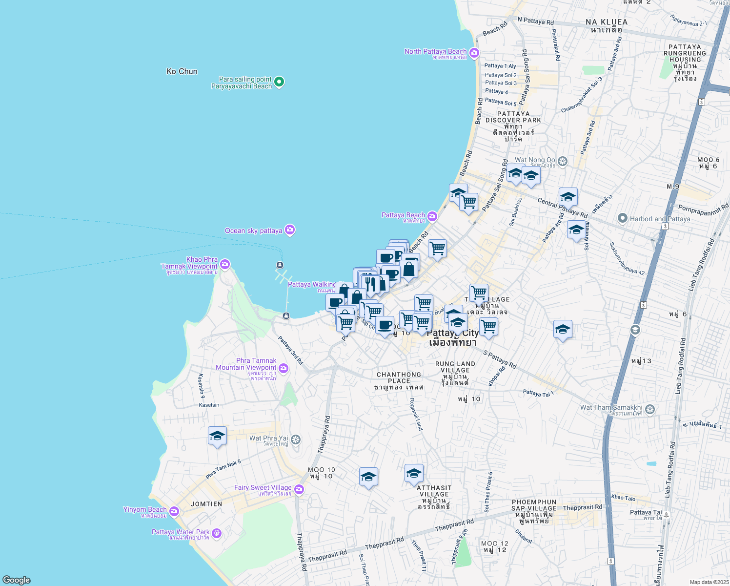 map of restaurants, bars, coffee shops, grocery stores, and more near Thanon Pattaya Tai in Muang Pattaya