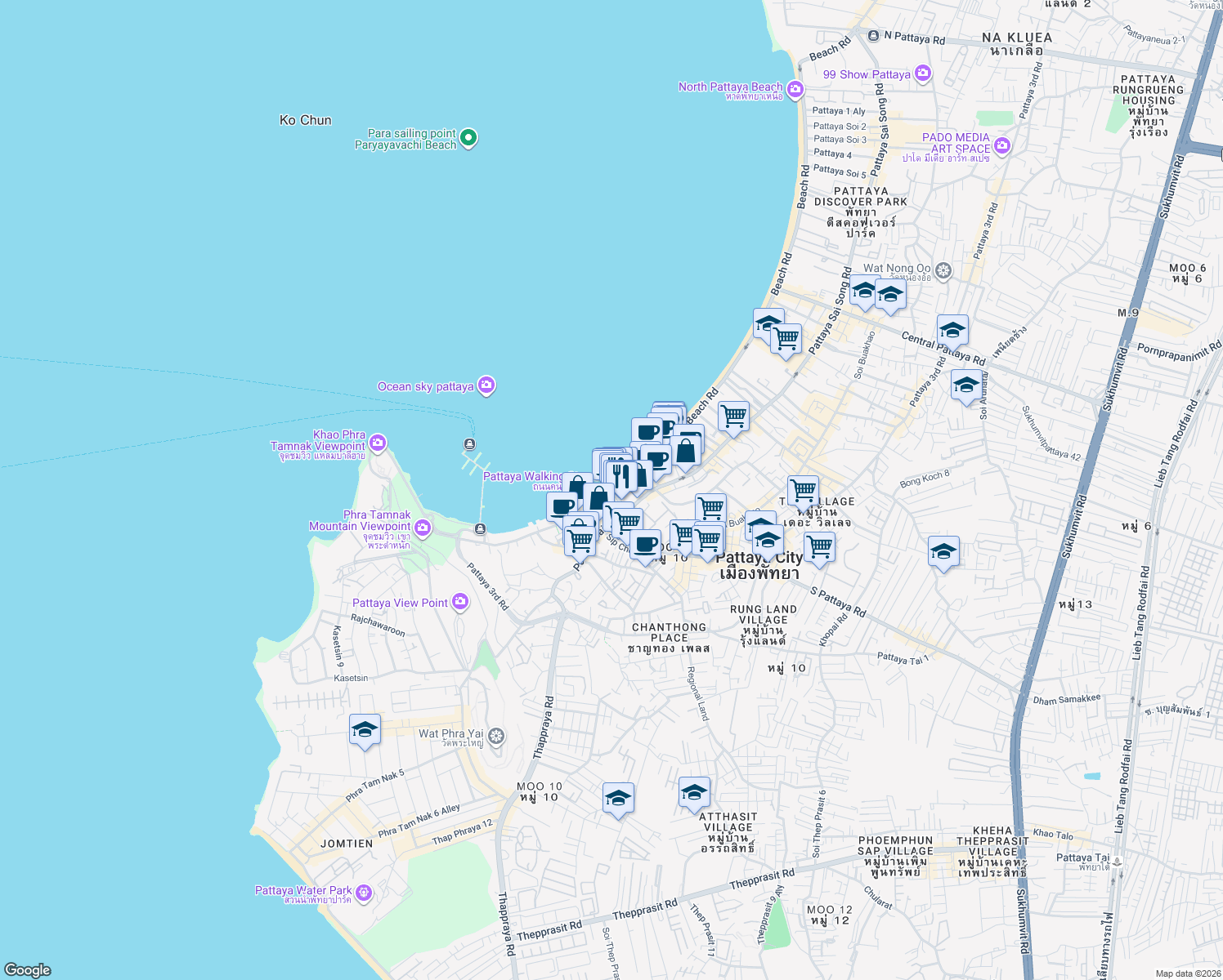 map of restaurants, bars, coffee shops, grocery stores, and more near Thanon Pattaya Tai in Muang Pattaya