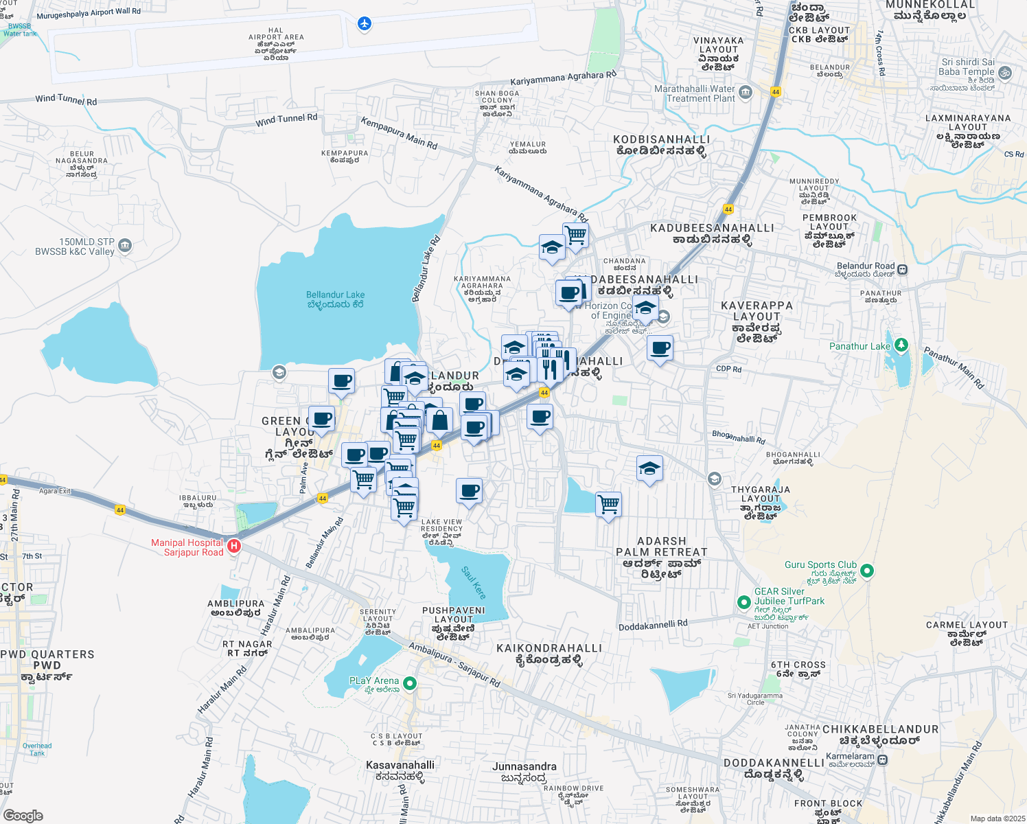 map of restaurants, bars, coffee shops, grocery stores, and more near Marathahalli - Sarjapur Outer Ring Road in Varthur