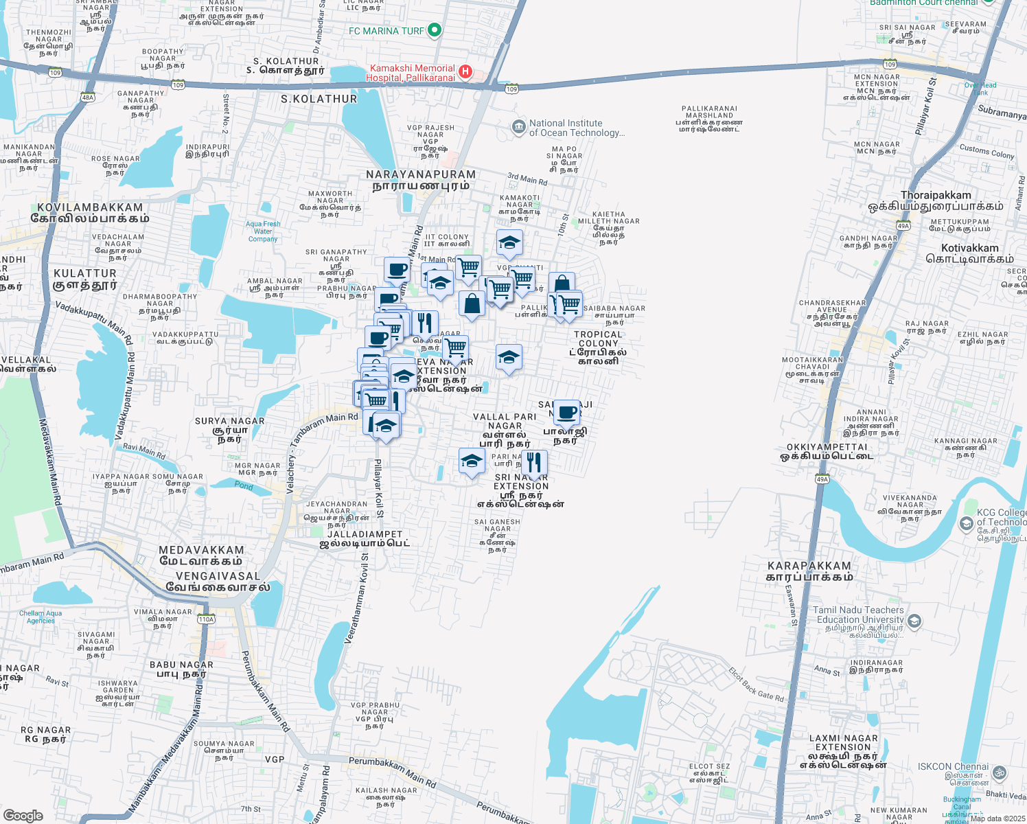 map of restaurants, bars, coffee shops, grocery stores, and more near Rajalakshmi Nagar 7th Street in Chennai