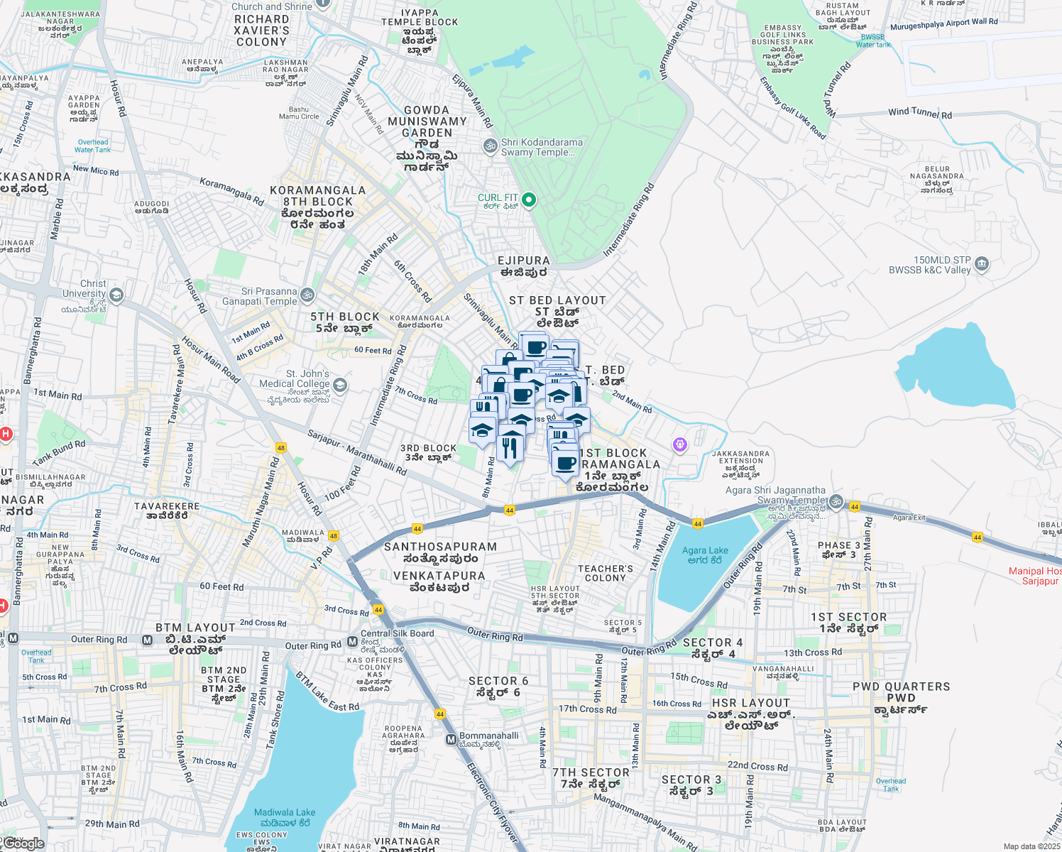 map of restaurants, bars, coffee shops, grocery stores, and more near 6th Cross Road in Bengaluru