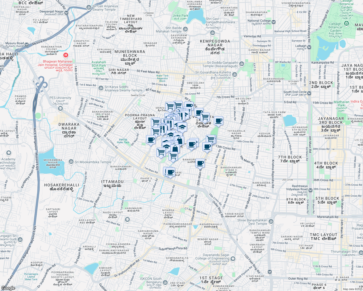 map of restaurants, bars, coffee shops, grocery stores, and more near 10/1 Kathriguppe Main Road in Bengaluru