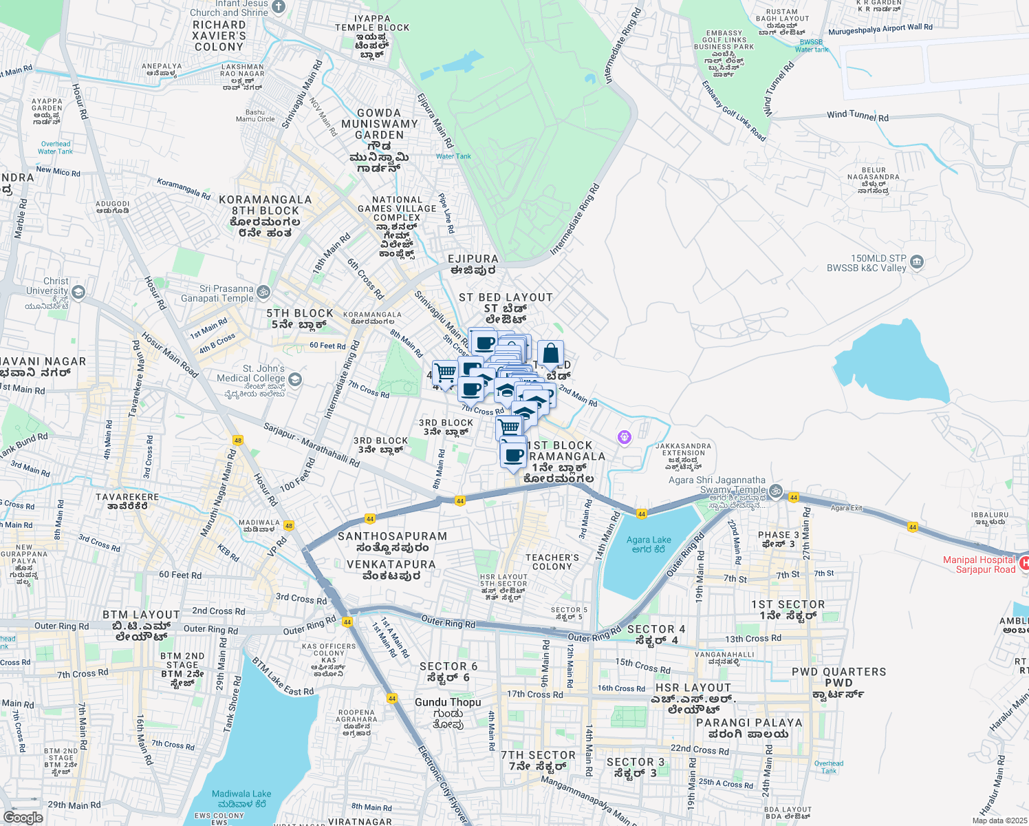map of restaurants, bars, coffee shops, grocery stores, and more near 80 Feet Road in Bengaluru