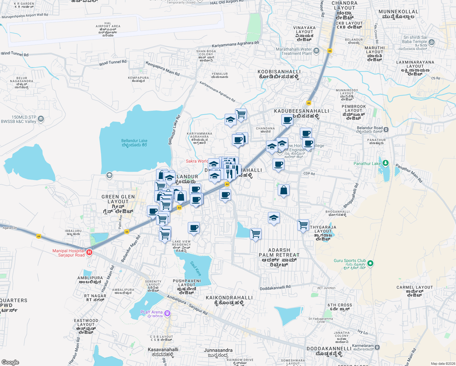 map of restaurants, bars, coffee shops, grocery stores, and more near in Bengaluru