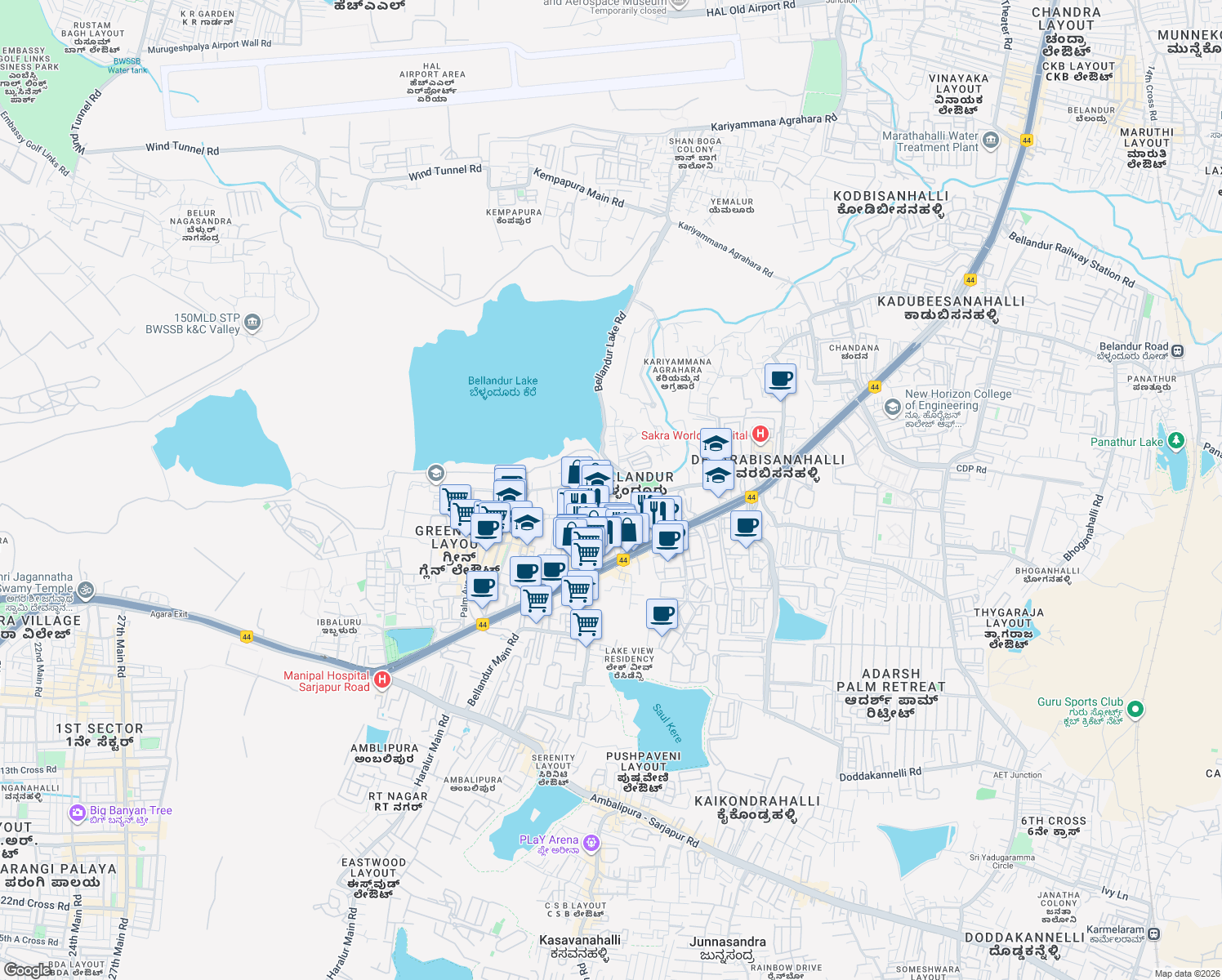 map of restaurants, bars, coffee shops, grocery stores, and more near Kariyammana Agrahara Road in Bengaluru